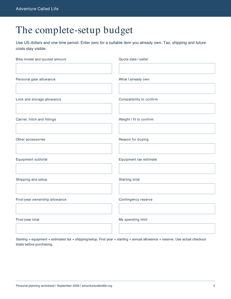 Actual budget worksheet from the paid planner, showing editable fields for equipment, tax, shipping and annual costs